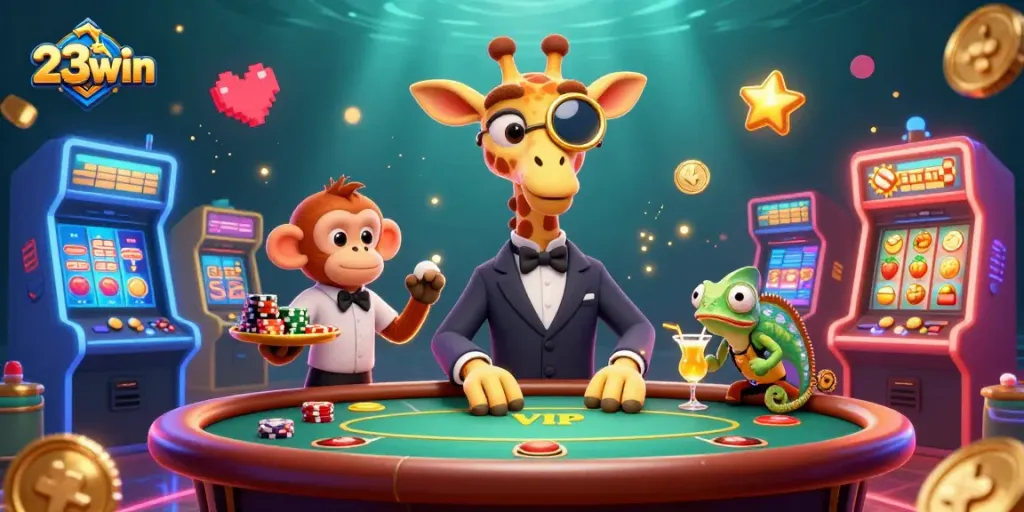 Experience thrilling gaming action with 23win's vibrant scene featuring a high-roller giraffe at a poker table.