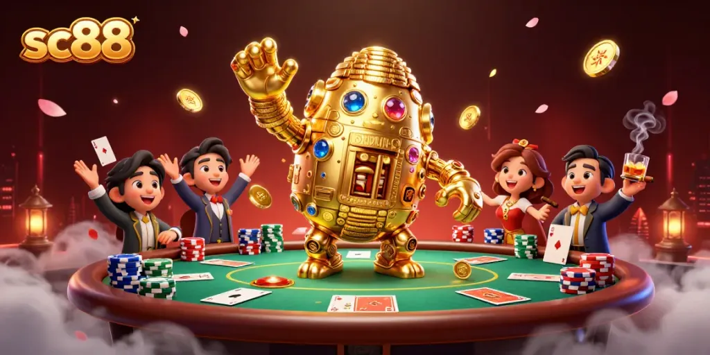 Experience thrilling gameplay with the sc88 casino, showcasing dynamic poker elements and a golden golem.