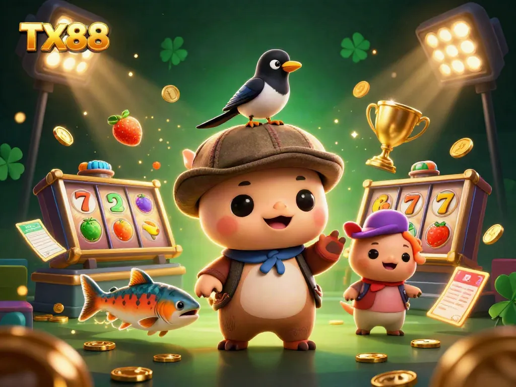 Engage with TX88 in an exciting 3D casino-themed illustration showcasing characters and slot elements.