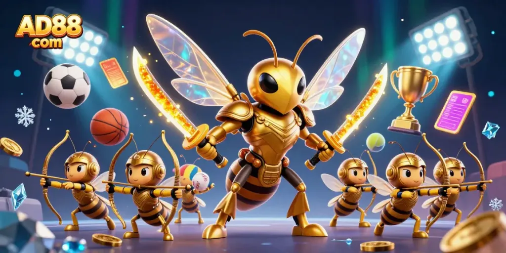 Experience the thrill of AD88 com with a vibrant 3D illustration of fantasy characters and dynamic sports elements.