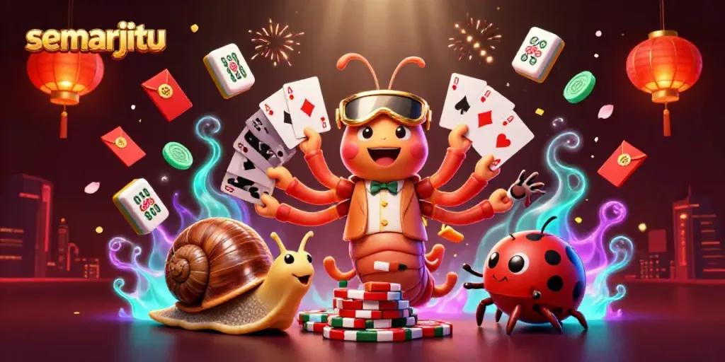 Animasi dealer semarjitu menang dengan kartu dan tumpukan chip dalam suasana yang meriah.