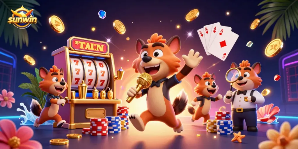 Experience sunwin with a lively casino scene featuring hyenas in action.