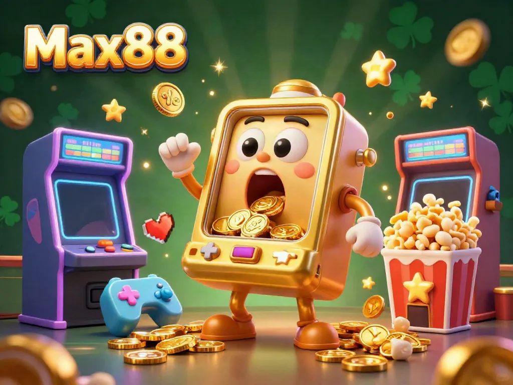 Max88 presents an exciting scene with a golden slot machine hitting the jackpot, surrounded by cheering baby slots and a popcorn machine.