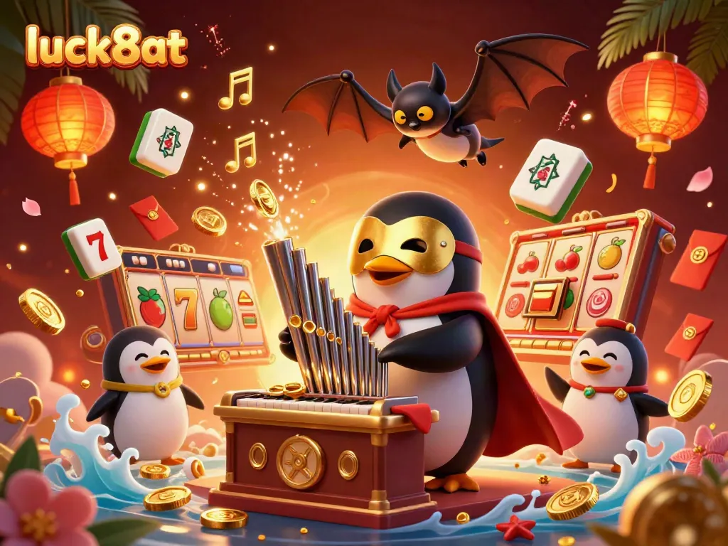Engage with luck8at by witnessing a vibrant scene of a penguin playing an organ, surrounded by casino elements.