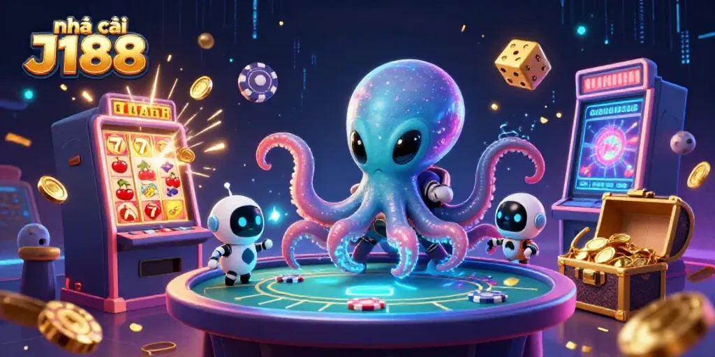 Engage with the vibrant world of nhà cái J188, featuring an otherworldly octopus and exciting casino elements.