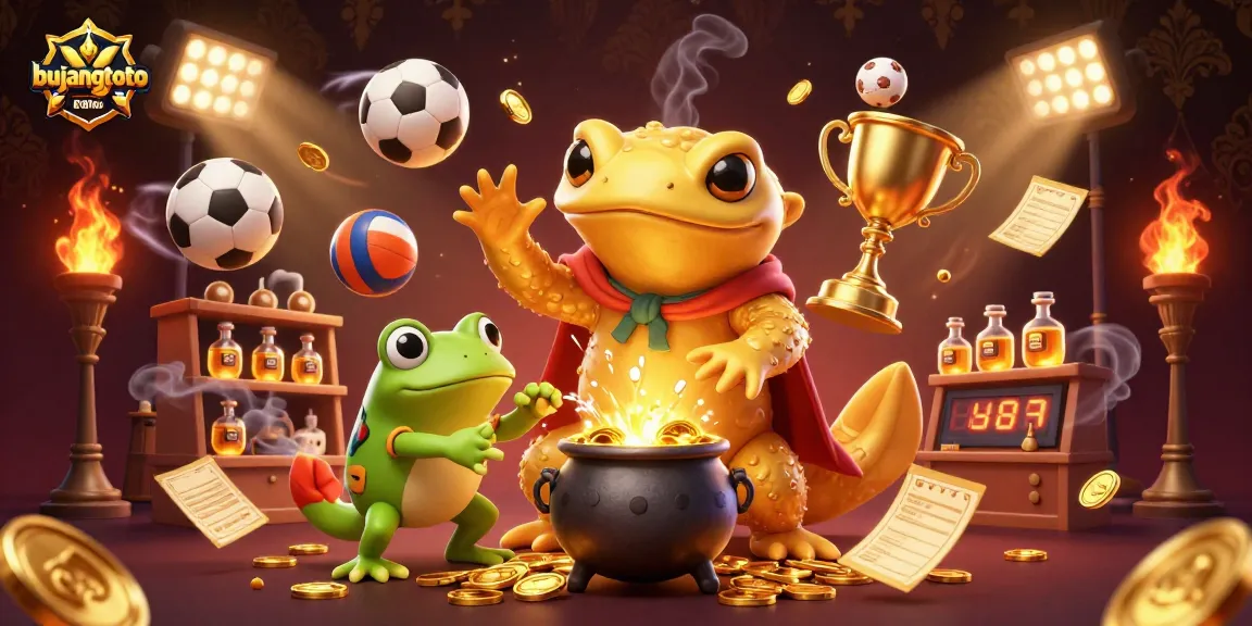 Bujangtoto engages players in a vibrant casino scene with gold coins, dynamic sports balls, and magical characters.