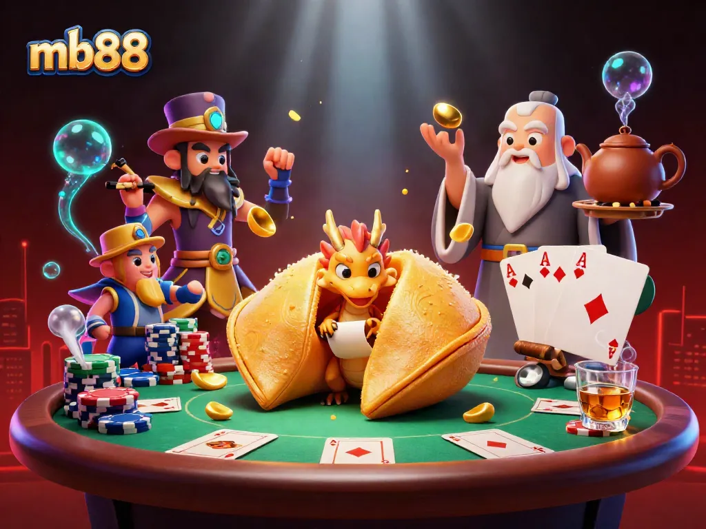 Experience thrilling moments at mb88 with a golden fortune cookie, poker elements, and enchanting characters.