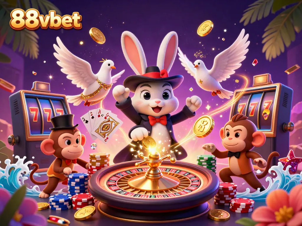 Experience the magic of 88vbet with a charming scene of a magician rabbit, dove, and monkey amidst casino treasures.