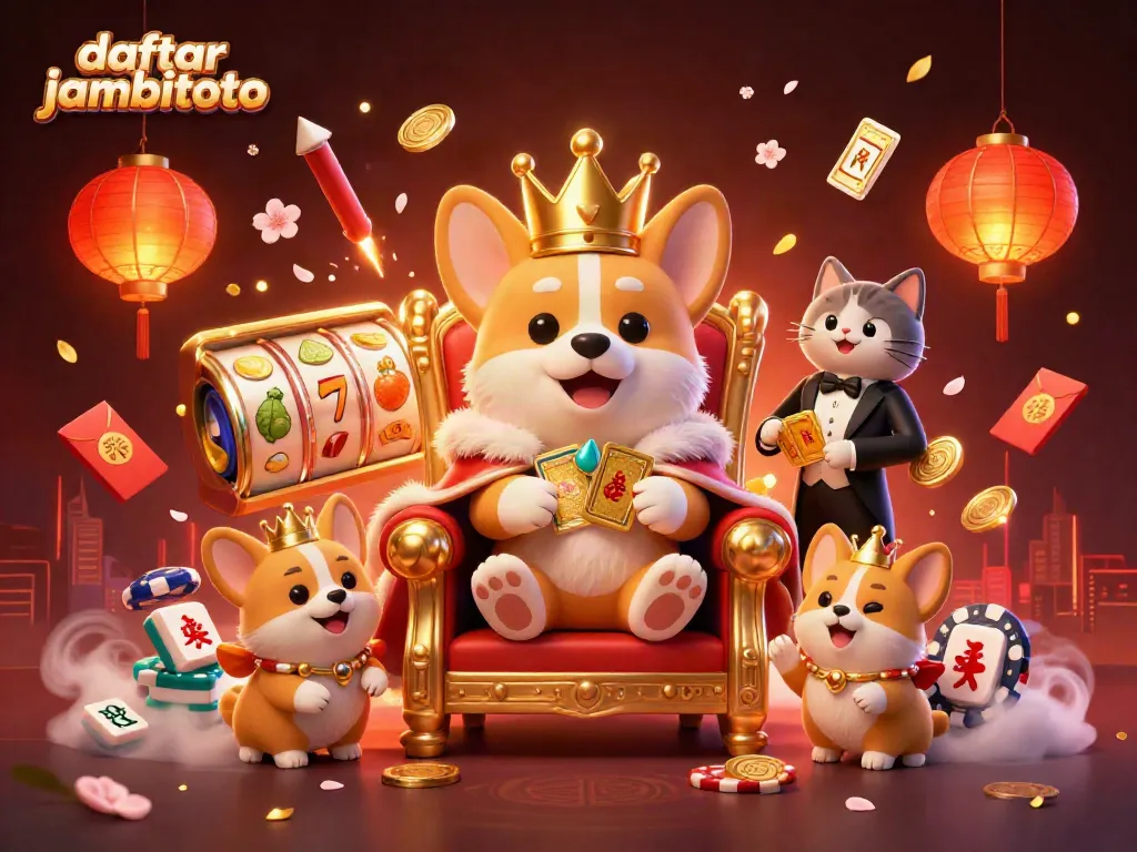 Experience the thrill of daftar jambitoto with a royal corgi on a throne of chips.
