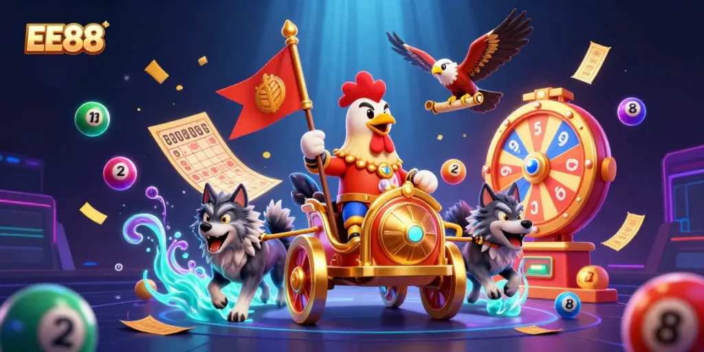 EE88 showcases a vibrant 3D illustration of engaging gaming elements capturing the excitement of thrilling jackpots.