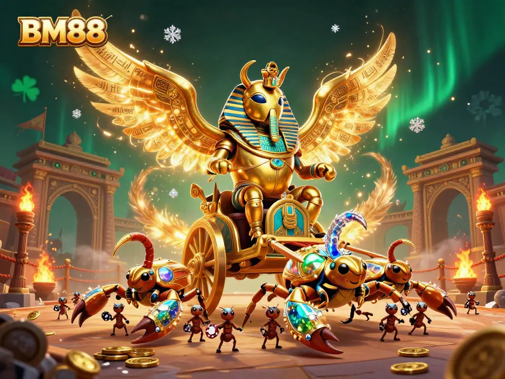 Engage with BM88's thrilling gaming experience featuring a colossal golden scarab and vibrant casino elements.