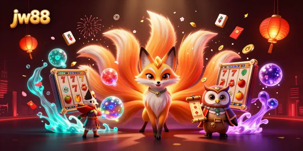 Win big with jw88 in an immersive 3D casino scene featuring vibrant slot elements and colorful spirits.