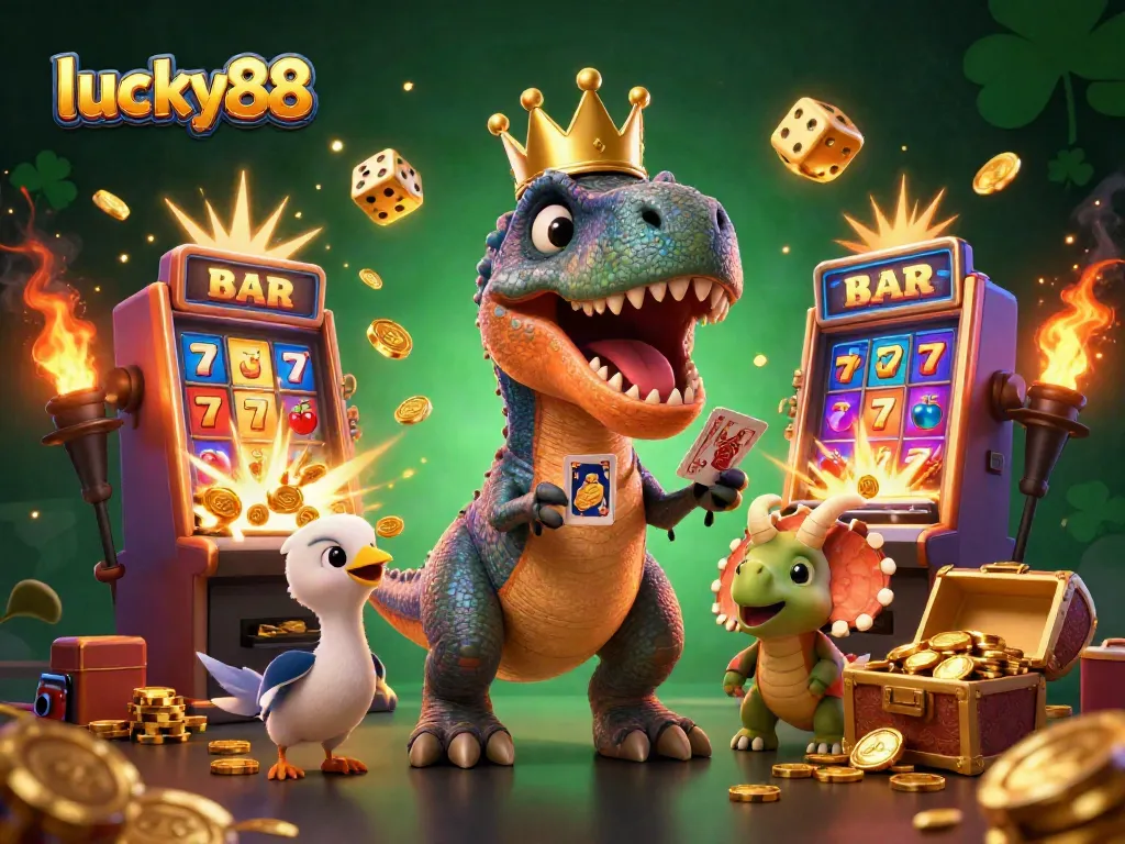 Experience the excitement of lucky88 with a playful dinosaur casino scene filled with slot machines and chips.