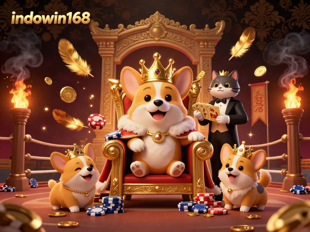 Experience the thrill of gaming with indowin168 in a lavish 3D casino scene featuring a royal corgi and golden elements.