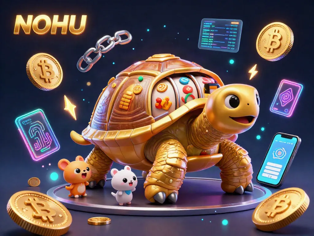 Experience thrilling slot play with NOHU's animated golden tortoise and dynamic digital elements, capturing a vibrant gaming atmosphere.