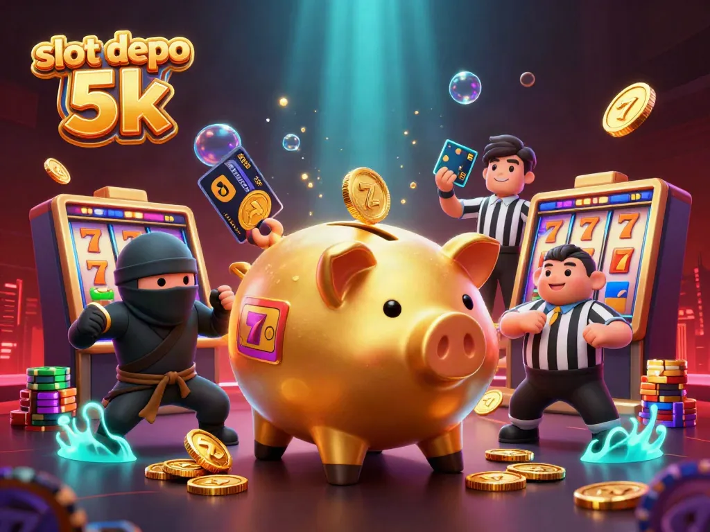 Engage in high stakes fun with slot depo 5k, featuring a golden piggy bank sumo wrestler and vibrant slot elements.