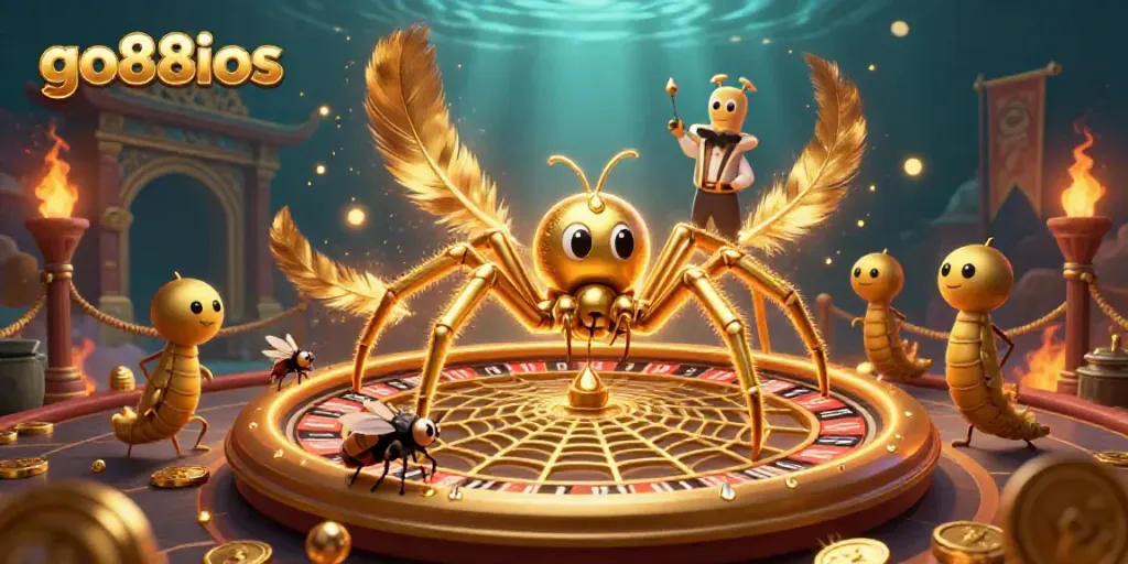 Engaging scene of go88ios, showcasing a golden spider and croupier in a colorful casino web.