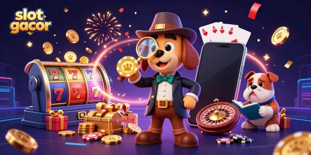 Slot gacor menghadirkan karakter detektif lucu dengan chip poker di antara slot dan koin emas.