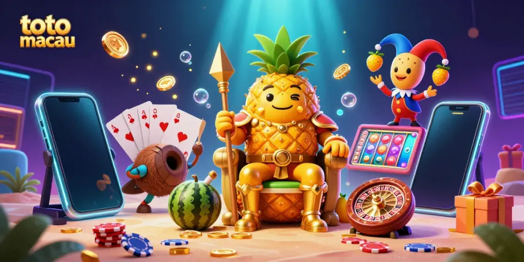 Gambaran menarik toto macau dengan raja nanas kartun di kasino pantai.