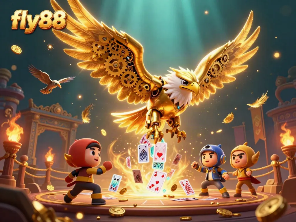 Experience fly88 action with a cybernetic eagle diving through holographic cards in a vivid casino scene.