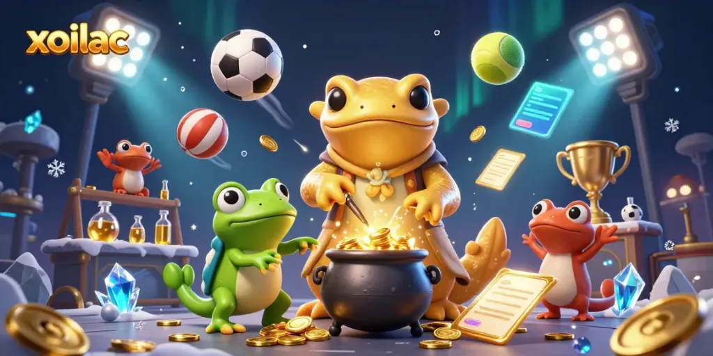 Xoilac features a vibrant 3D scene with sports elements and alchemical characters creating golden coins.