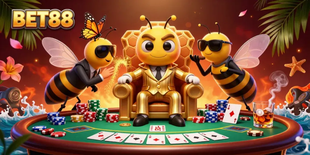 Experience BET88's vibrant gambling world with a bumblebee mob boss and poker action.