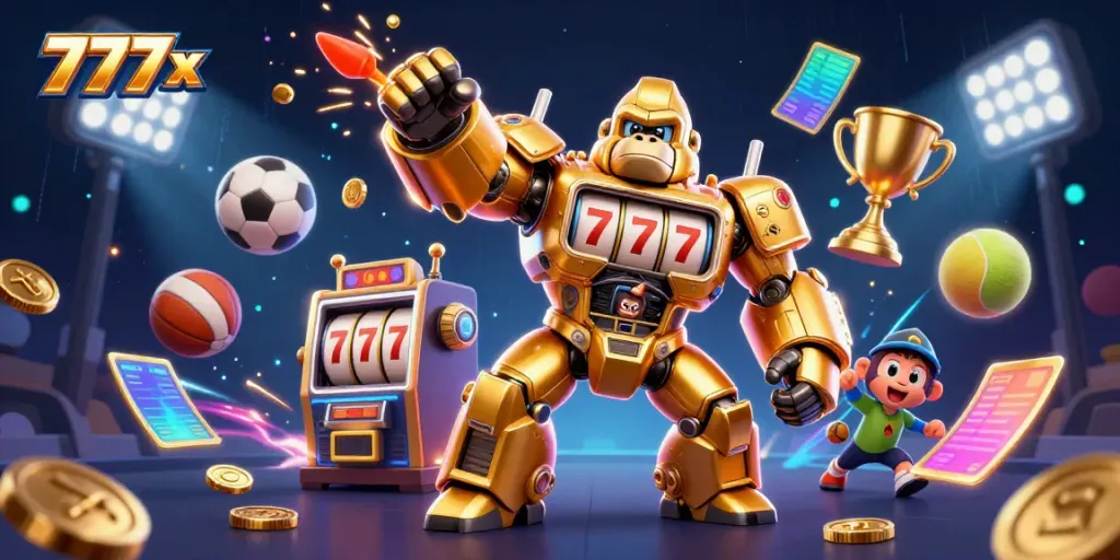 Experience the excitement of 777x with a dynamic golden gorilla mech and sports elements in 3D.