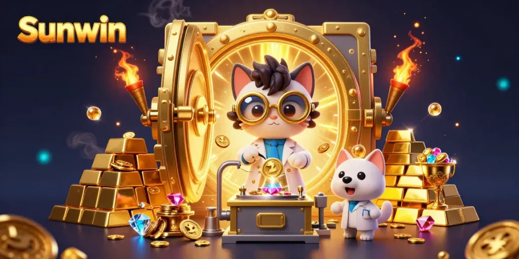 Experience the excitement at Sunwin with a vivid 3D illustration featuring captivating casino elements and a mad scientist cat.