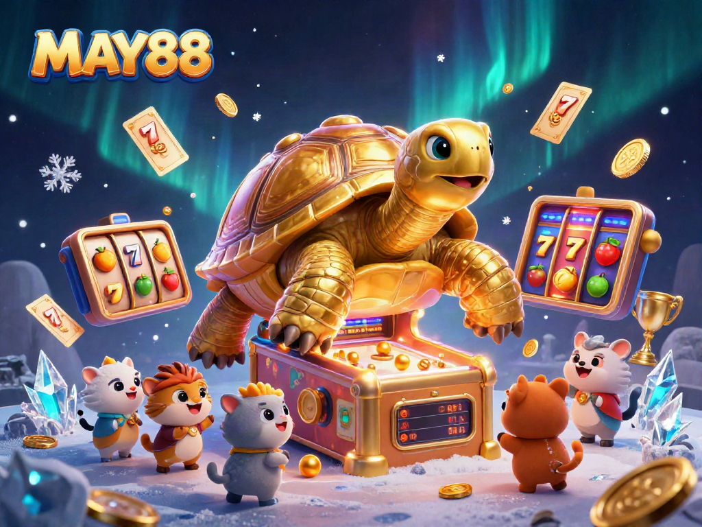 MAY88 showcases thrilling slot gameplay with a colossal tortoise pinball machine illustration for gamers.