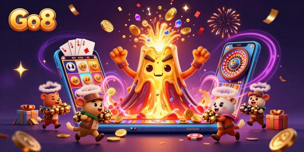 Experience thrilling gaming moments with Go8 in this vibrant treasure eruption scene.