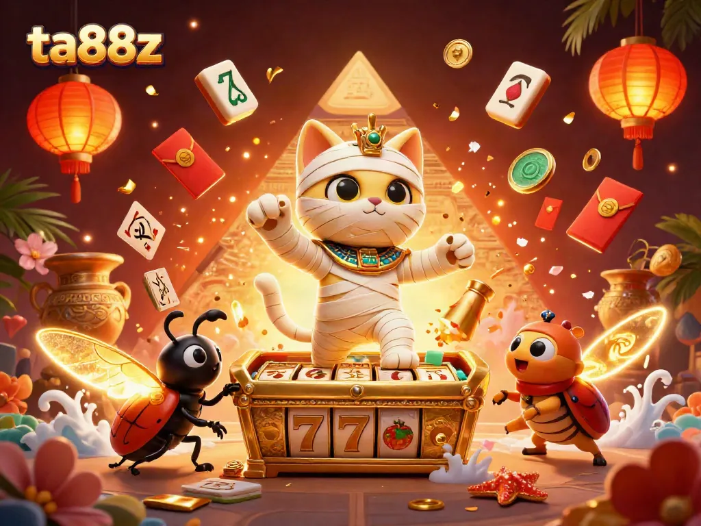 Experience the excitement at ta88z with a vibrant casino illustration featuring a mummy cat, lucky symbols, and floating cards.
