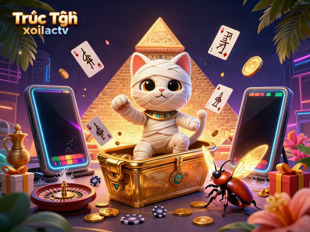 Experience Trực Tiếp xoilactv with a dynamic mummy cat and golden elements in an engaging gaming scene.