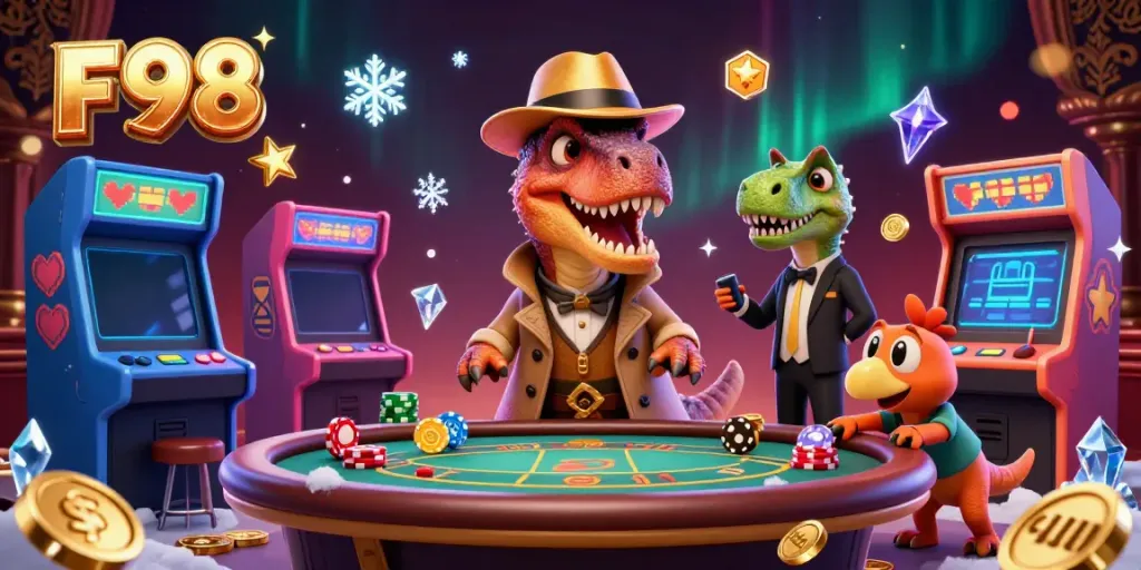 F98 showcases a velociraptor card counter at a blackjack table amidst casino elements.
