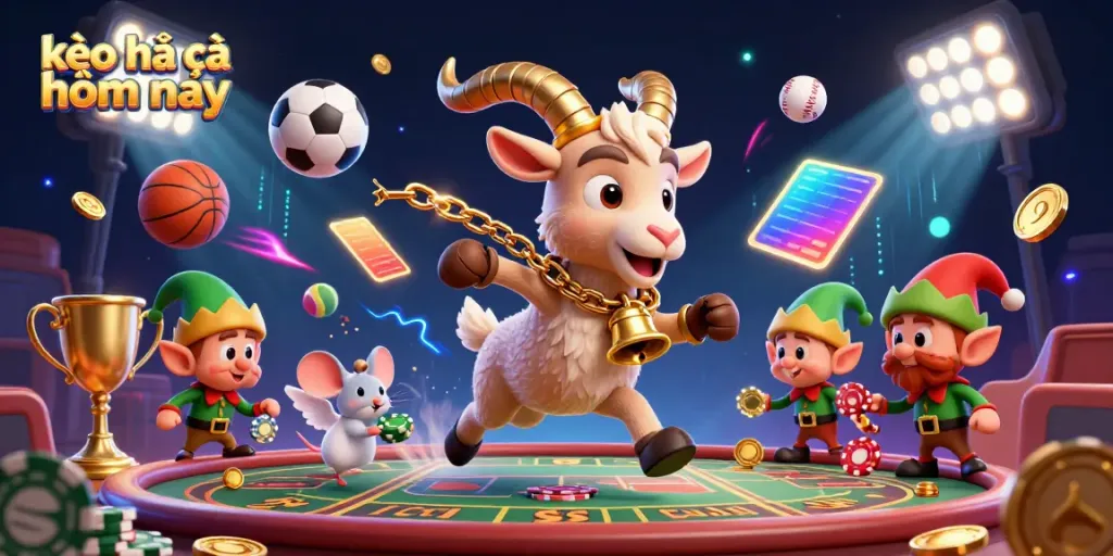 Experience the excitement of kèo nhà cái hôm nay with Krampus in a festive casino, sports balls flying around.
