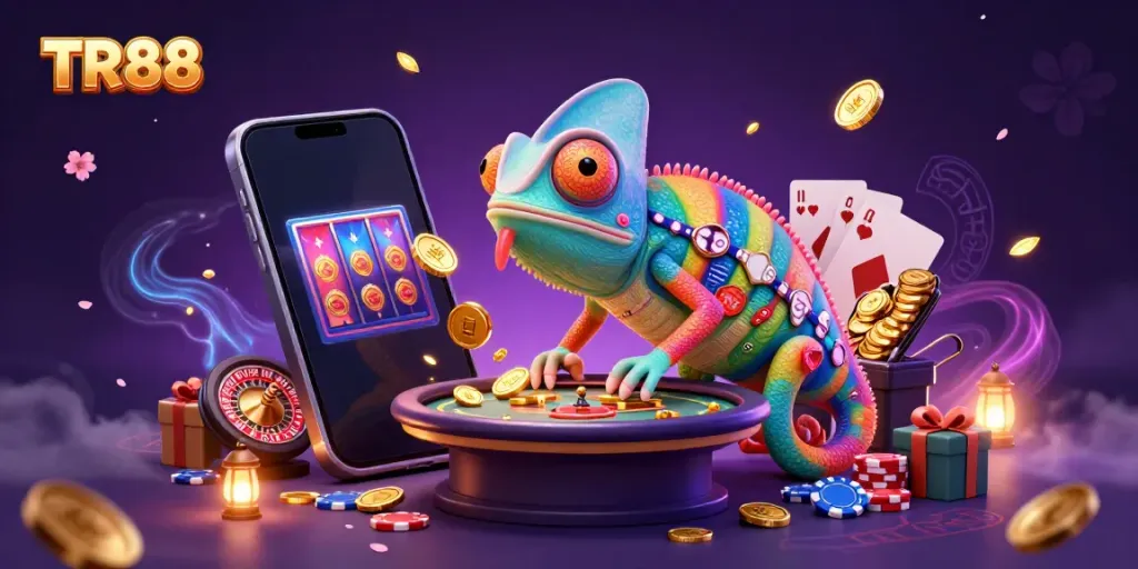 Engaging illustration of TR88's vibrant casino scene, showcasing a chameleon casino owner with gold coins amidst colorful gaming elements.