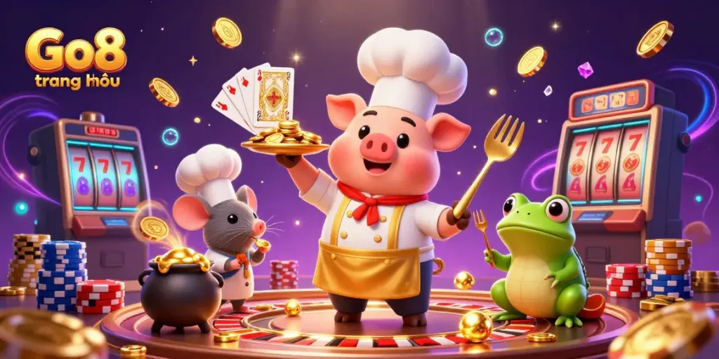 Engage with Go8 trang chủ through a vibrant scene featuring a chef pig serving coins, highlighting dynamic casino elements.
