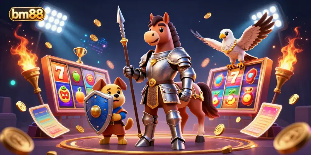 Experience the excitement of bm88 with a medieval-inspired 3D illustration showcasing a knight, squire, and falcon amidst casino elements.