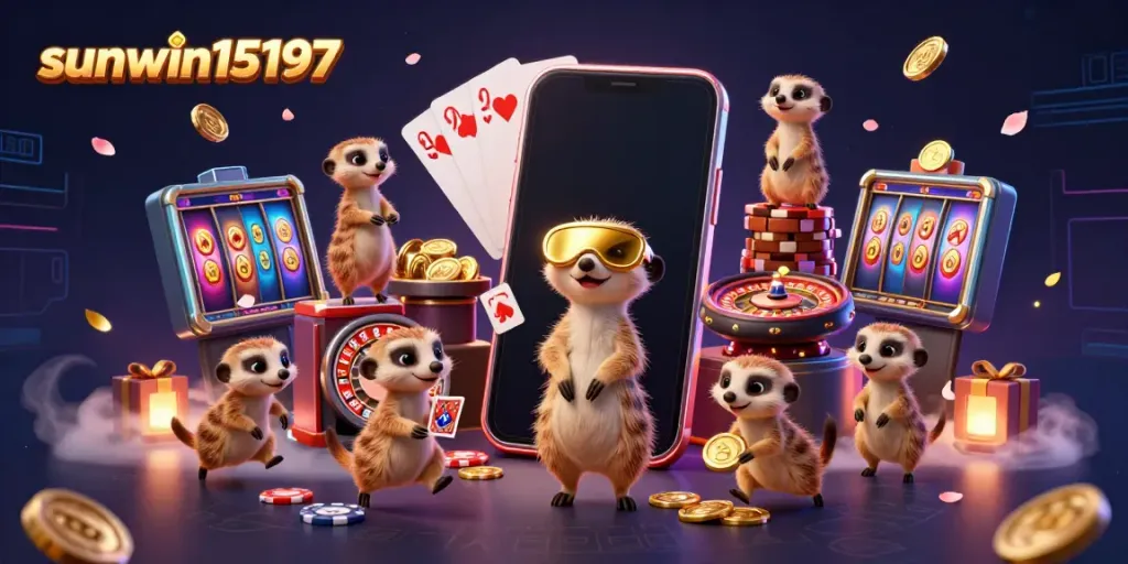 Experience the excitement of sunwin15197 with meerkats managing a vibrant casino scene filled with colorful gaming elements.