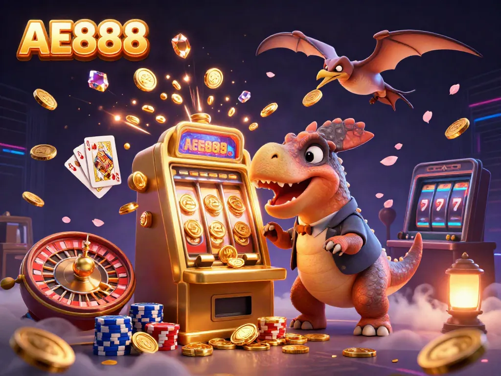 Experience the thrill at AE888 with a cartoon dinosaur winning jackpot coins at a golden slot machine.