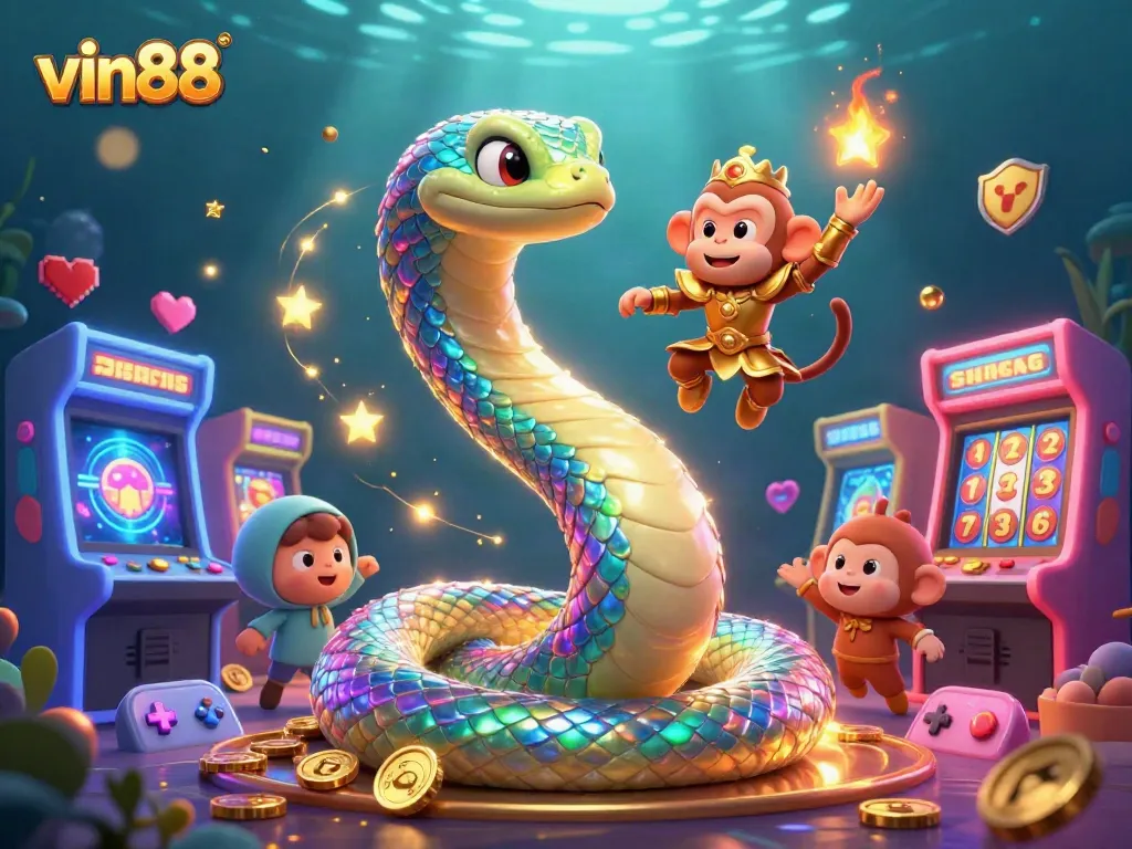 Experience thrilling gameplay with vin88's vibrant 3D illustration of a magical casino scene with characters.