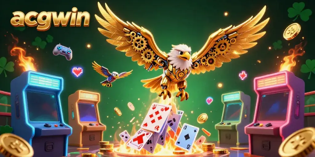 Experience thrilling gaming adventures with acgwin and a cybernetic eagle diving through holographic cards.