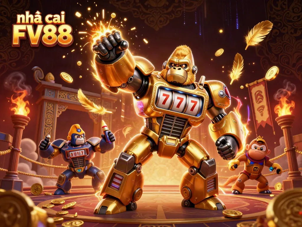 Experience thrilling gaming with the house FV88 featuring a dynamic golden gorilla mech and exciting casino elements.
