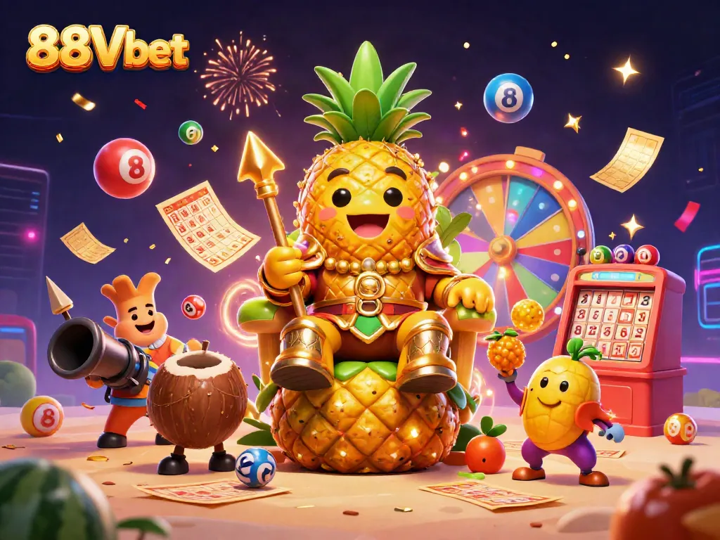 Join the gaming fun with vibrant 88Vbet characters and dynamic gaming elements in a tropical casino.