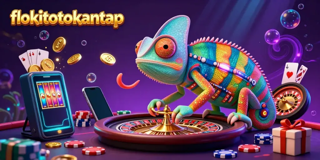 Experience the vibrant energy of flokitotokantap, where a chameleon casino owner interacts with animated gaming elements.
