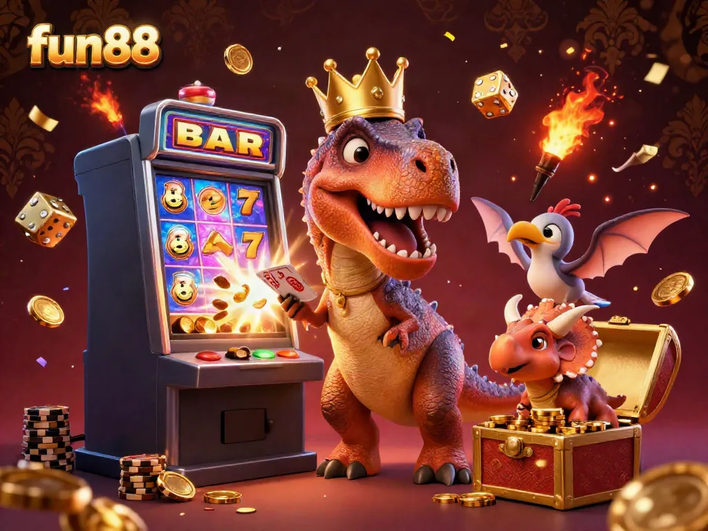 Experience fun88's vibrant casino scene with a T-Rex shuffling cards and gold chips, immersing in thrilling excitement.