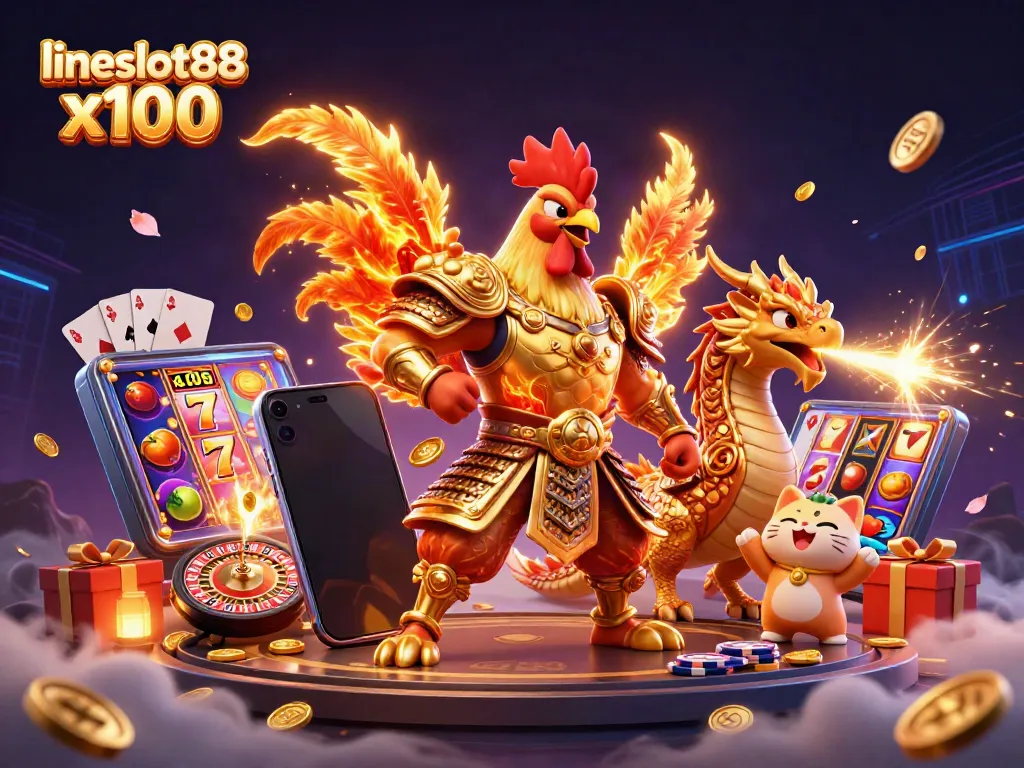 Engage with lineslot88 x100, featuring a cartoon rooster warrior in dazzling armor and a dragon hatchling, amid vibrant casino elements.