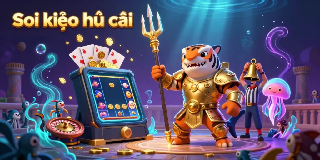 Soi kèo nhà cái shows a cartoon tiger shark in gladiator armor amidst vibrant gambling elements in an underwater colosseum.