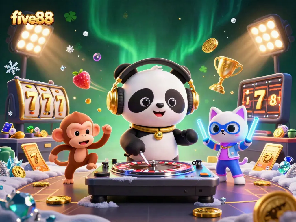 Experience the excitement of five88 with spinning reels, festive characters, and dynamic gold coins.