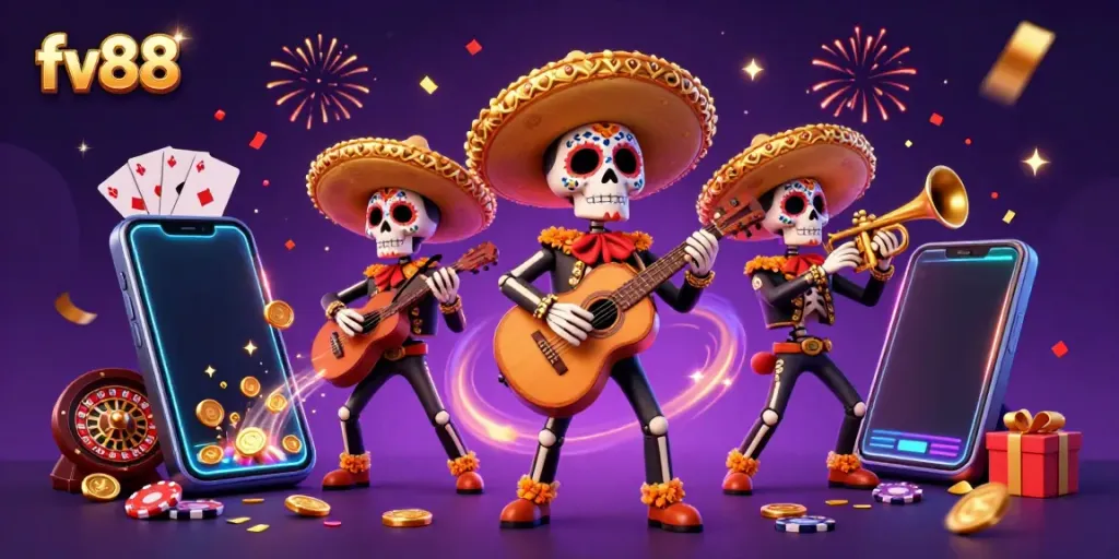 Experience exciting gameplay with fv88 featuring a vibrant Dia de los Muertos band amidst dynamic casino elements.