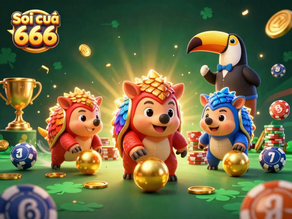 Soi cầu 666 features a dynamic scene with rival pangolins rolling through poker chips in a lottery-themed illustration.